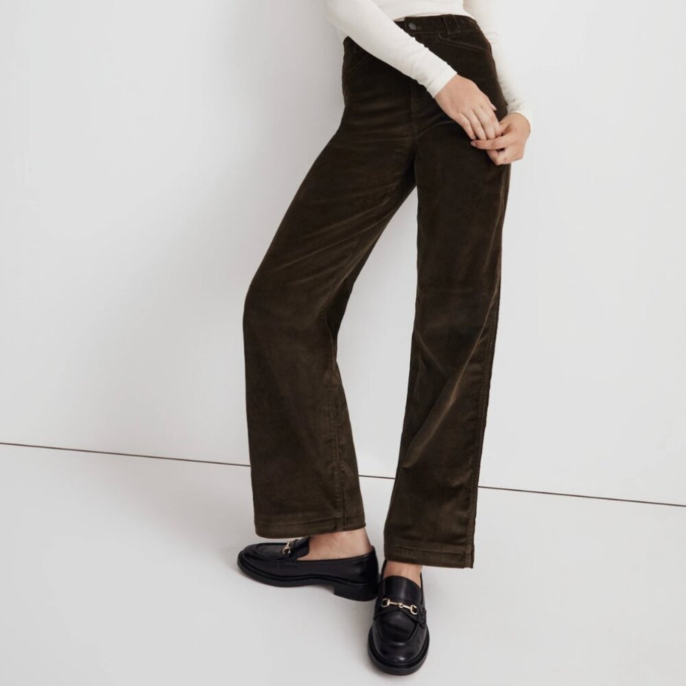 Madewell Petite Emmett 2.0 Wide-Leg Pants in Corduroy Dark Olive P25